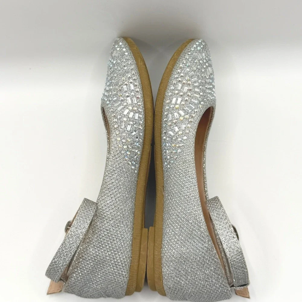 Link Comfort‎ Girls Silver Glitter Rhinestone Ankle Strap Dress Shoes Size 12